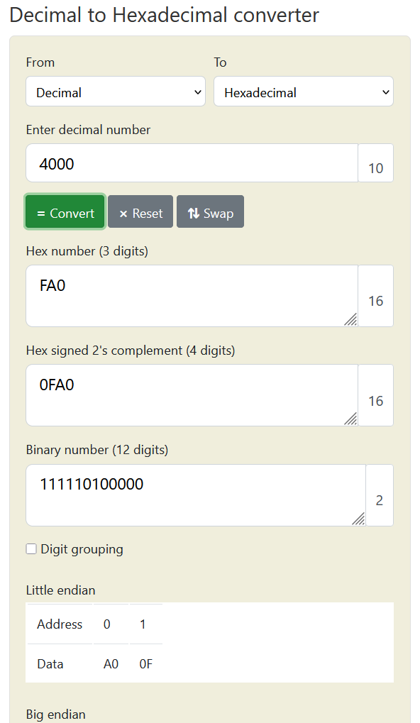 HEX number conversion